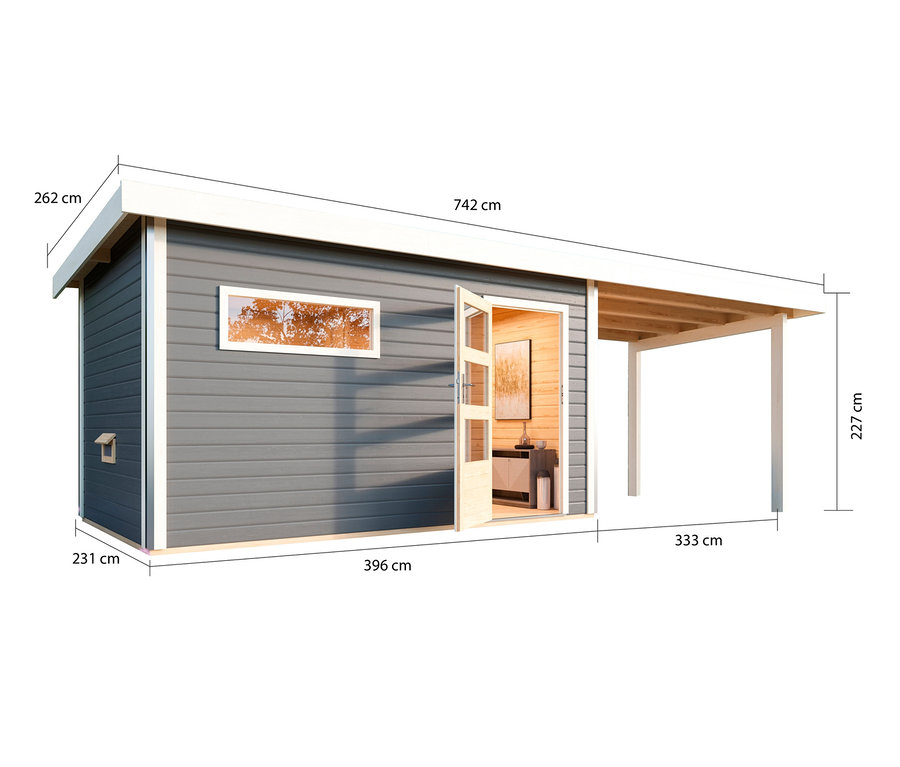 Außenansicht des Karibu-Saunahauses »Logan 3« mit Fronteinstieg und Anbaudach.