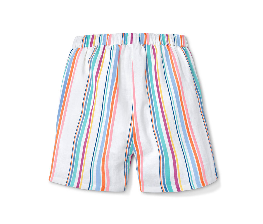 Weiße Web-Shorts mit bunten vertikalen Streifen.