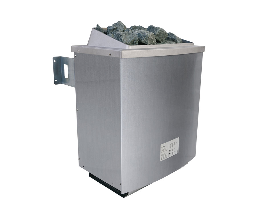 Grauer Karibu Fasshaus Ofen mit Steinen oben drauf.