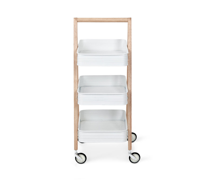 Ein weißer Rollwagen mit drei Ablagen.