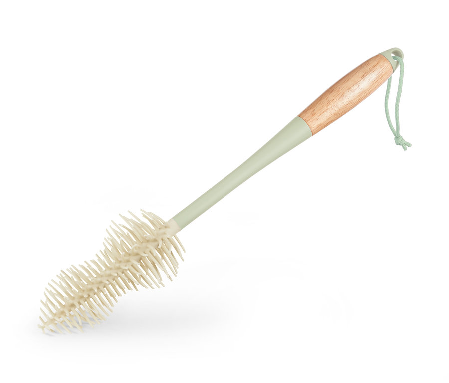 Eine Flaschen-Reinigungsbürste mit hellbraunem Holzgriff und grüner Kordel zum Aufhängen.