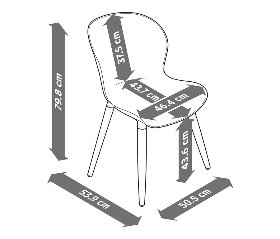 Die Maße des grauen Schalenstuhls aus recyceltem Kunststoff sind mit Pfeilen dargestellt.