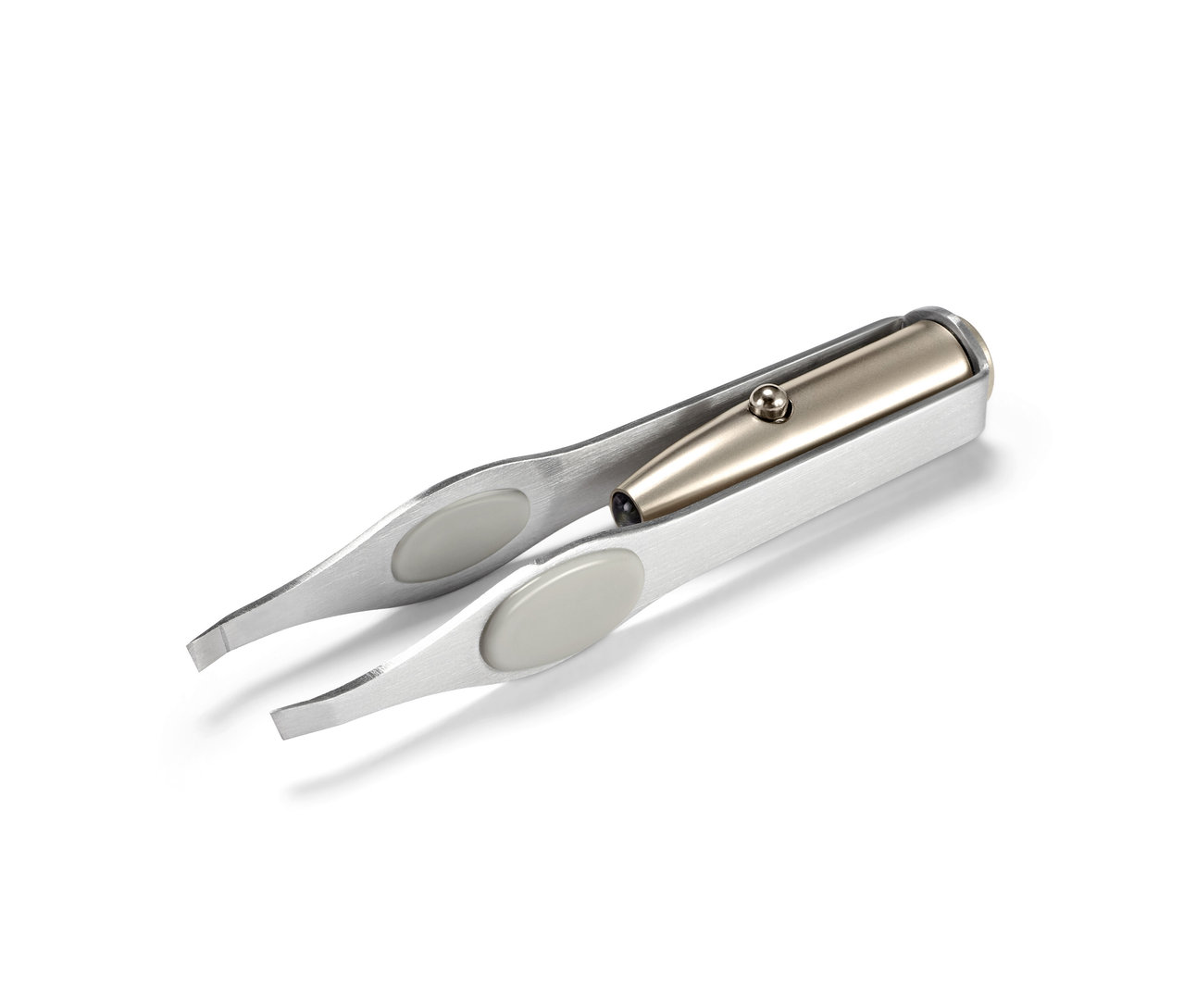 Nahaufnahme einer Pinzette mit LED-Licht auf weißem Hintergrund.