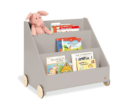 Graues Pinolino Kinderbücherregal »Lasse« mit Plüschschwein oben und Kinderbüchern darin.
