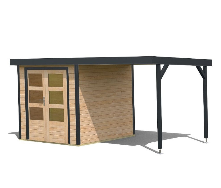 Foto eines Karibu Gerätehauses mit Anbaudach, natur, 19mm (Venus A).