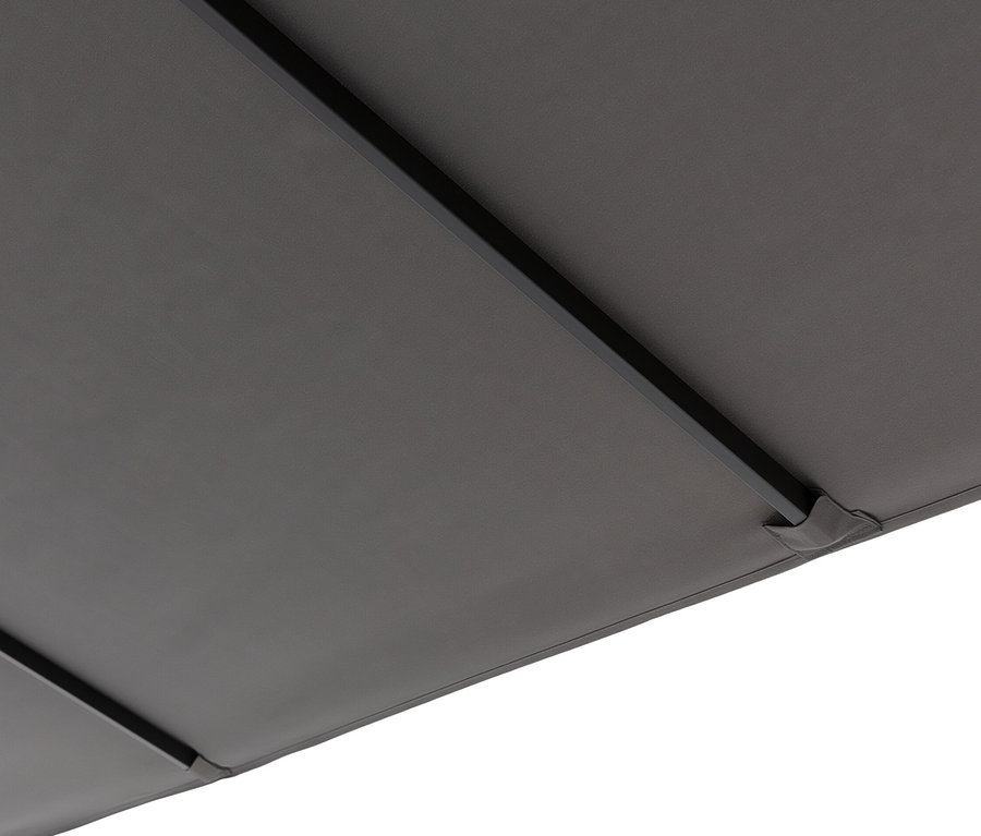 Ansicht von unten eines anthrazitfarbenen Leco Doppel-Sonnenschirms.