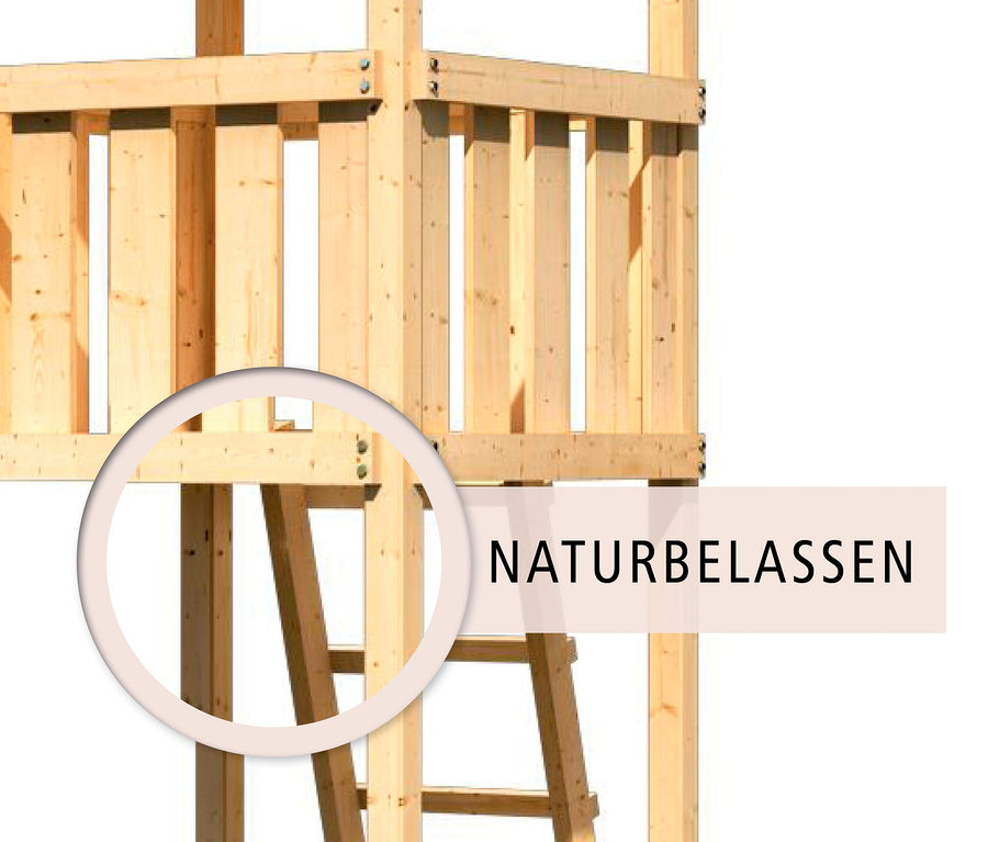 Detailansicht eines naturbelassenen Karibu Kinderspielturms.
