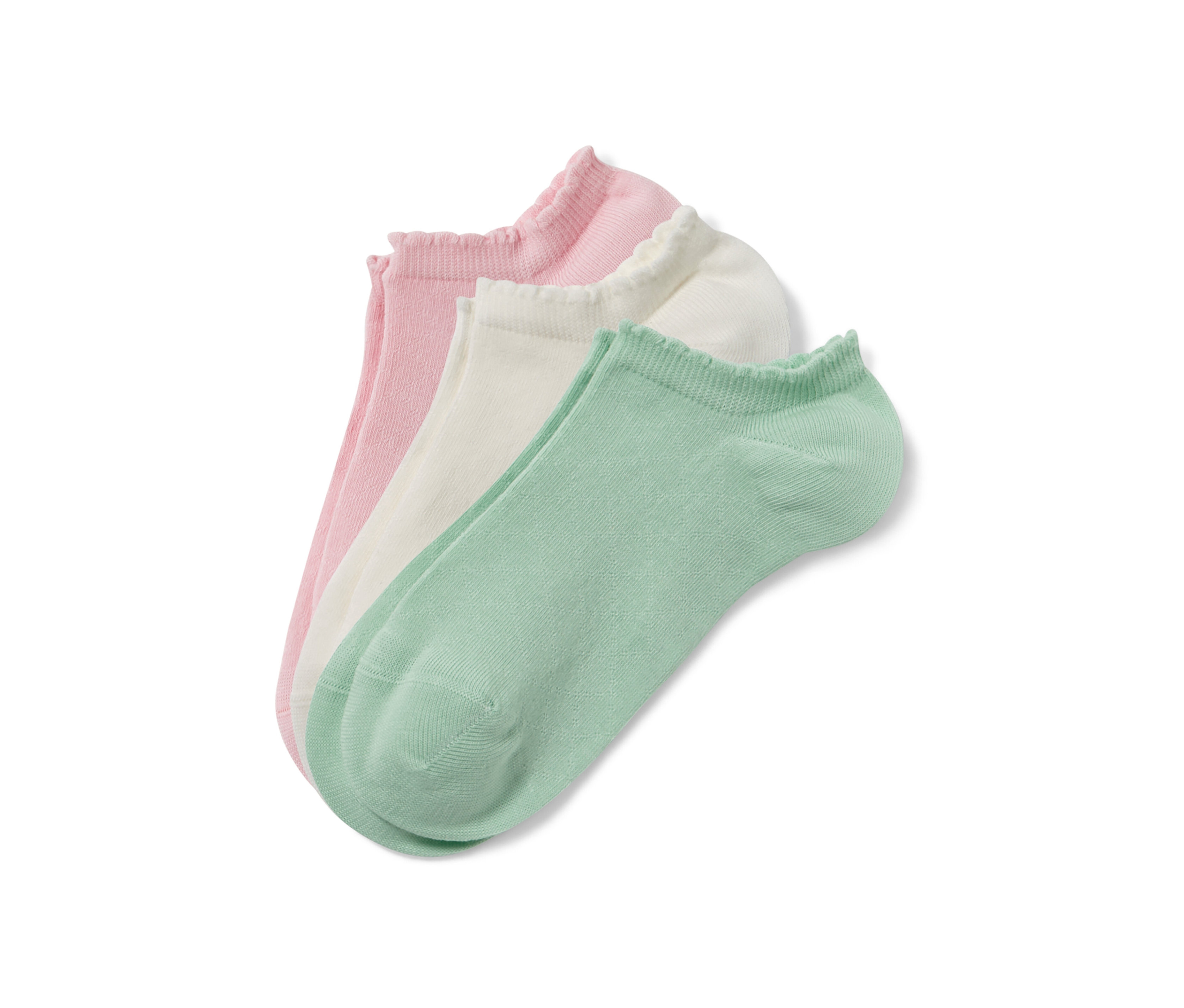 Drei Paar Sneakersocken mit Ajour-Muster in Rosa, Weiß und Grün.