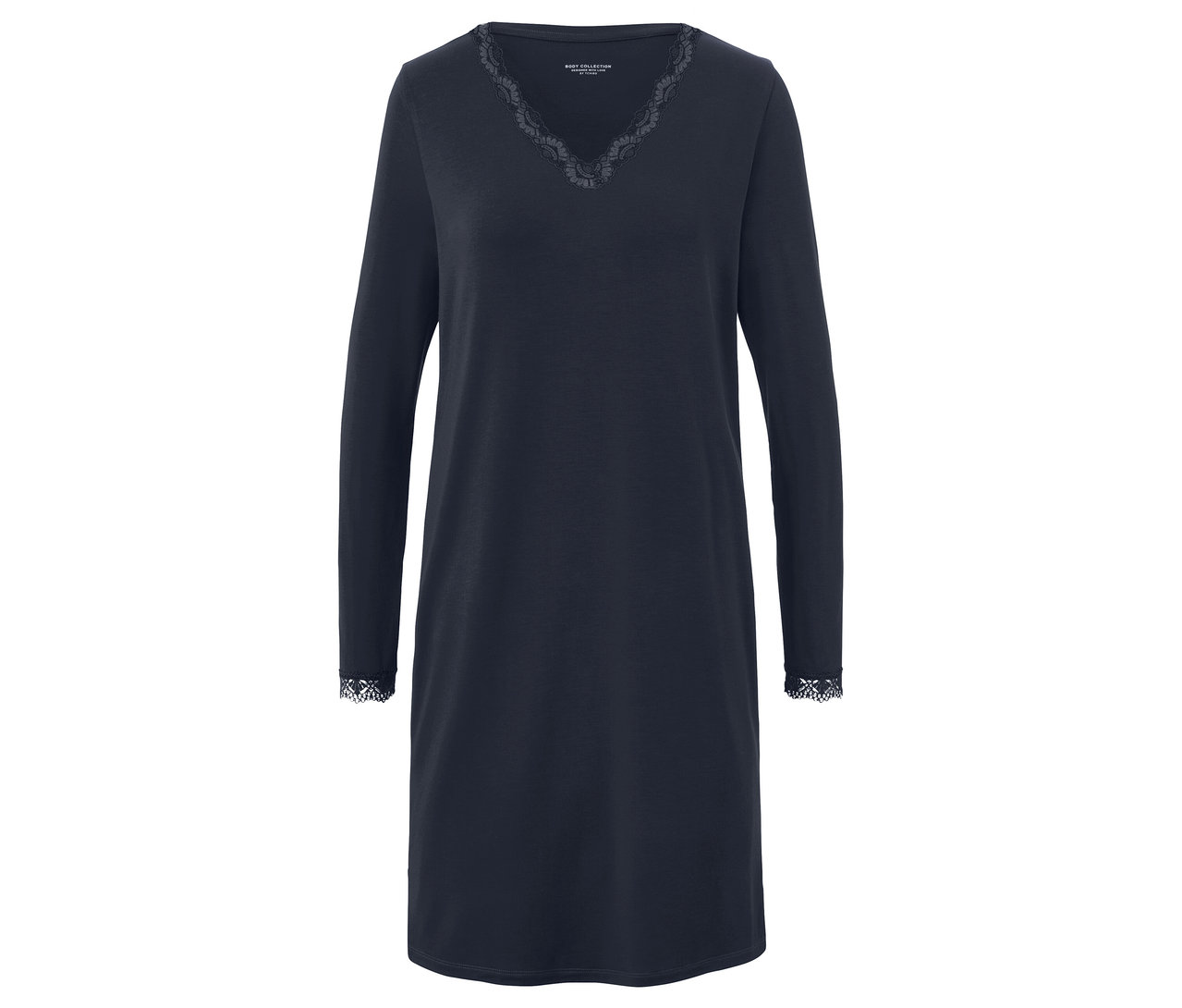Dunkelblaues Nachthemd mit langen Ärmeln und Spitzenbesatz am Ausschnitt und an den Manschetten.