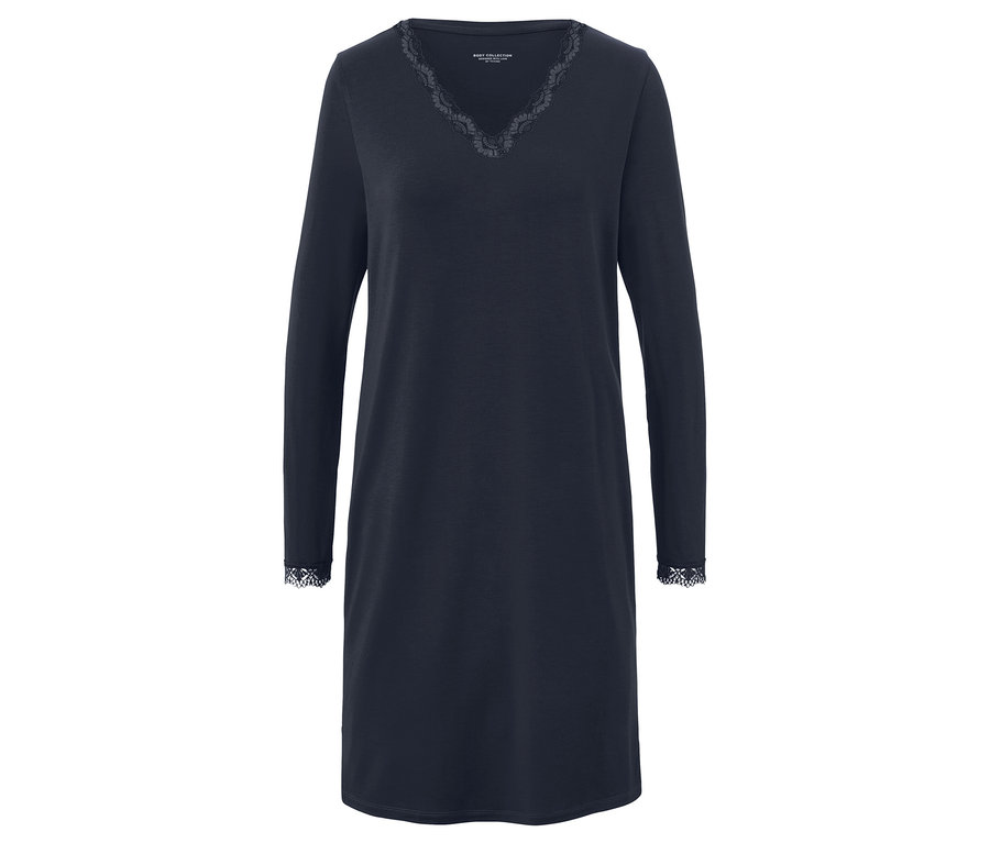Dunkelblaues Nachthemd mit langen Ärmeln und Spitzenbesatz am Ausschnitt und an den Manschetten.