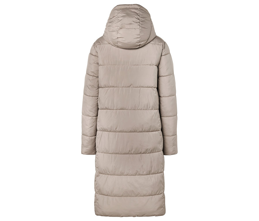 Beige, gesteppte Daunenjacke mit Kapuze, Rückansicht.