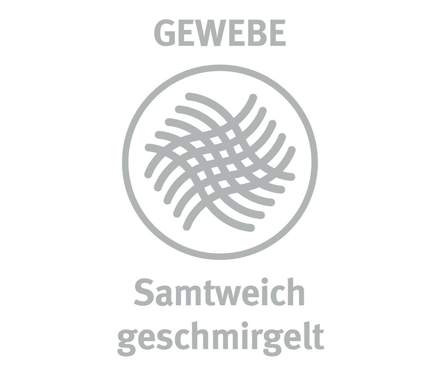 Eine Stofftextur ist in einem Kreis dargestellt, mit den Schriftzügen 'GEWEBE' und 'Samtweich geschmirgelt'.