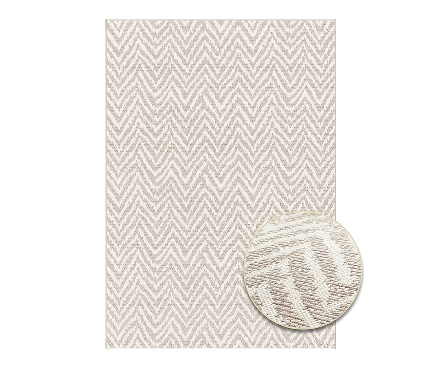 Beiger Outdoor-Teppich mit Zickzackmuster und vergrößertem Eckdetail.