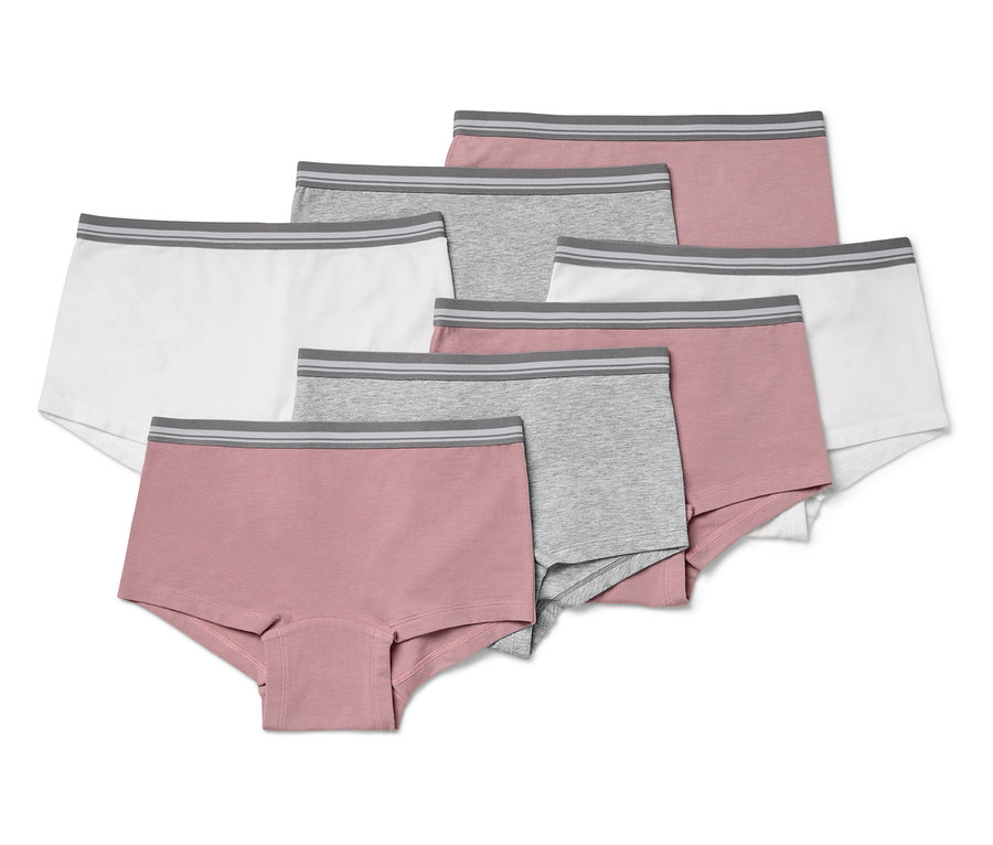 Sieben Paar Damen-Boxershorts in Rosa, Grau und Weiß mit grauem Bund.