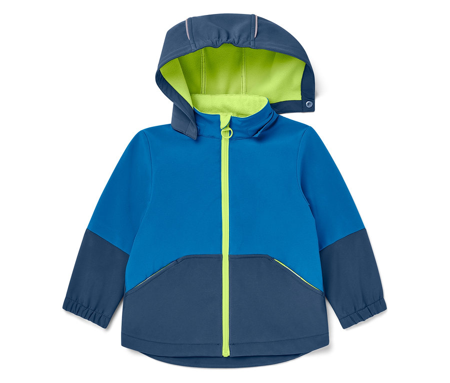 Blaue Jacke mit Kapuze und neon-grünem Innenfutter.