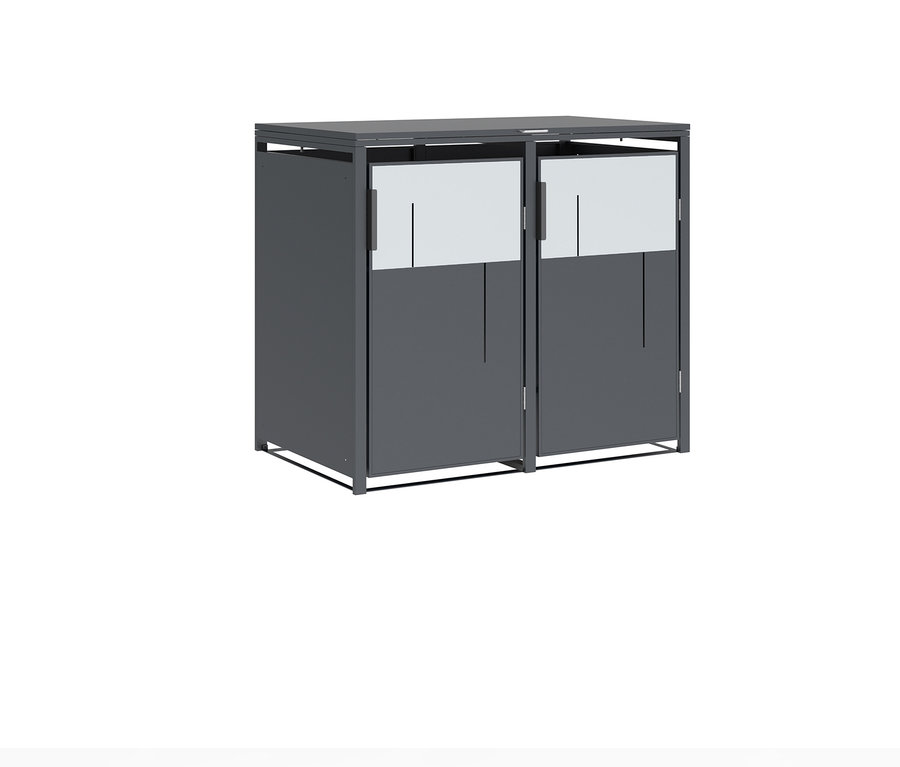 Zwei graue Schränke mit weißen Fenstern und schwarzen Griffen stehen nebeneinander vor einem weißen Hintergrund.