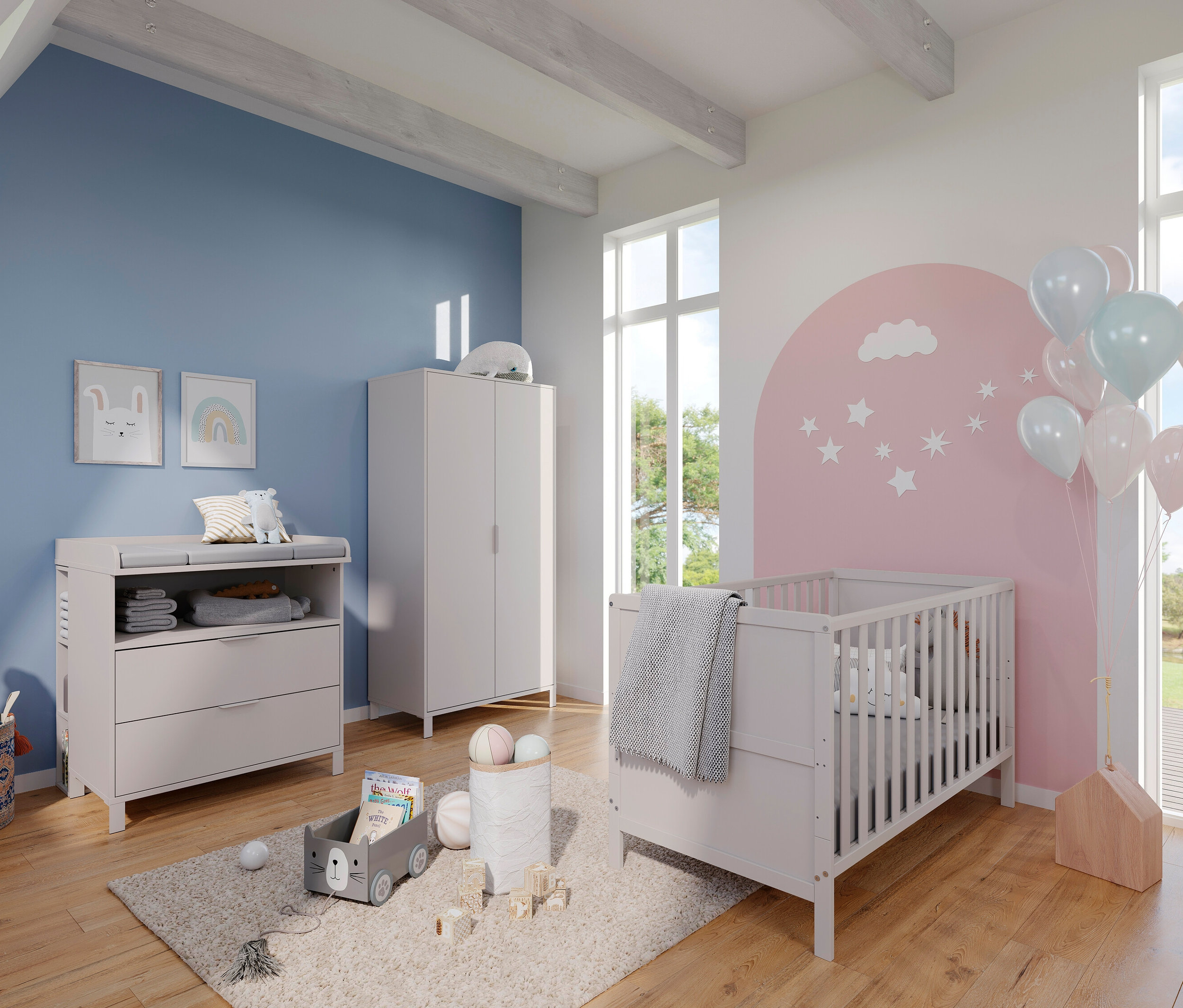 Ein Kinderzimmer mit Wickelaufsatz »Alkmaar«, Kinderbett und Kleiderschrank.