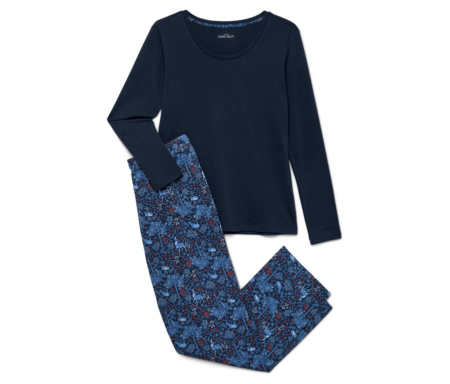 Marineblaues langärmeliges Pyjama-Set mit Hosen mit Baum-, Hirsch- und Blumenmuster.