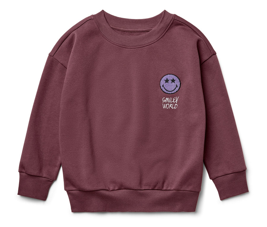 Weinrotes langärmliges Sweatshirt mit Smiley-Gesicht-Applikation.