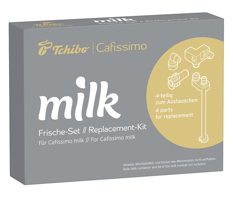 Graue Packung des Cafissimo milk Frische-Sets mit der Aufschrift milk und einer Abbildung von vier Teilen.