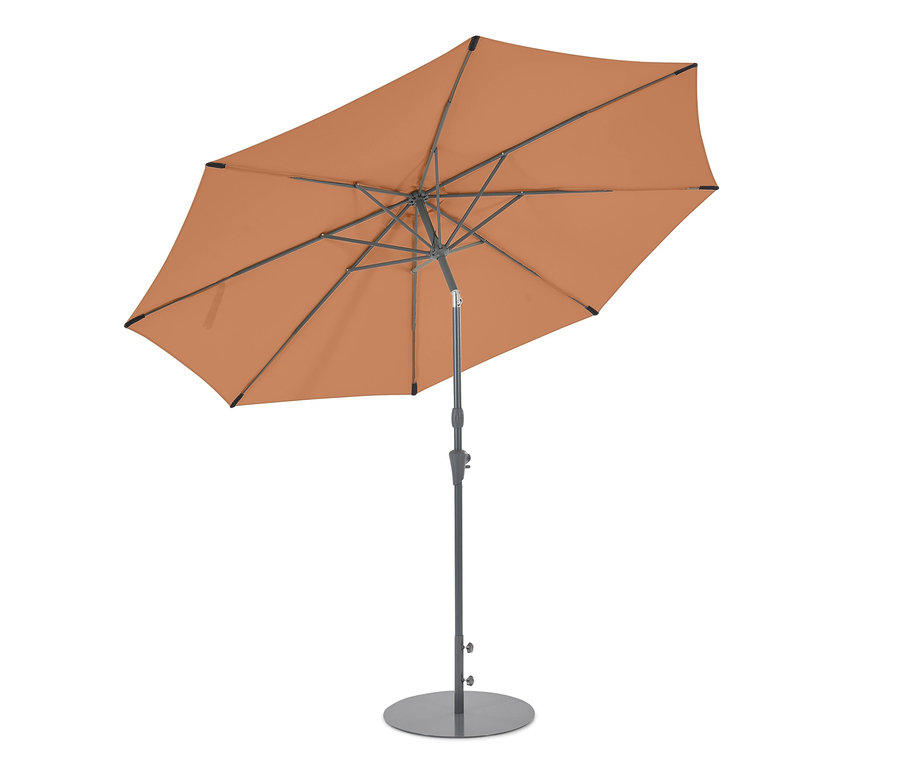 Ein orangefarbener Leco Sonnenschirm mit einem Durchmesser von 300 cm, inklusive Abdeckhaube.