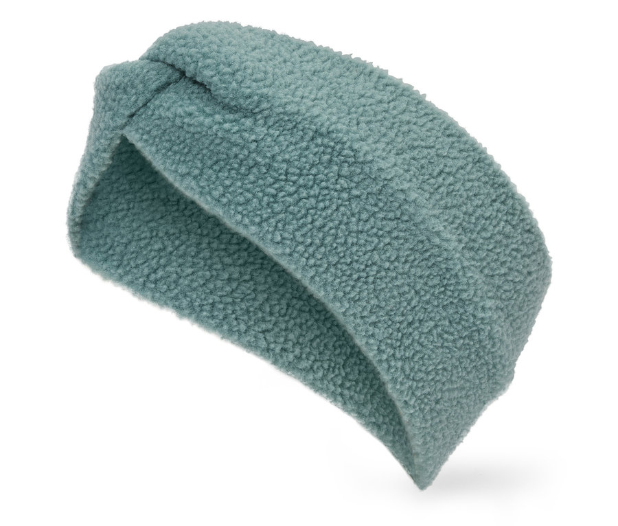 Ein blaues, flauschiges Stirnband mit Knoten auf weißem Hintergrund.