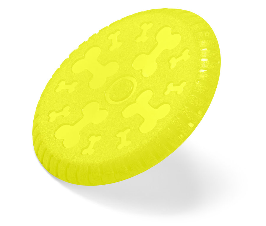 Gelber Hundefrisbee mit Knochenrelief auf weißem Hintergrund.