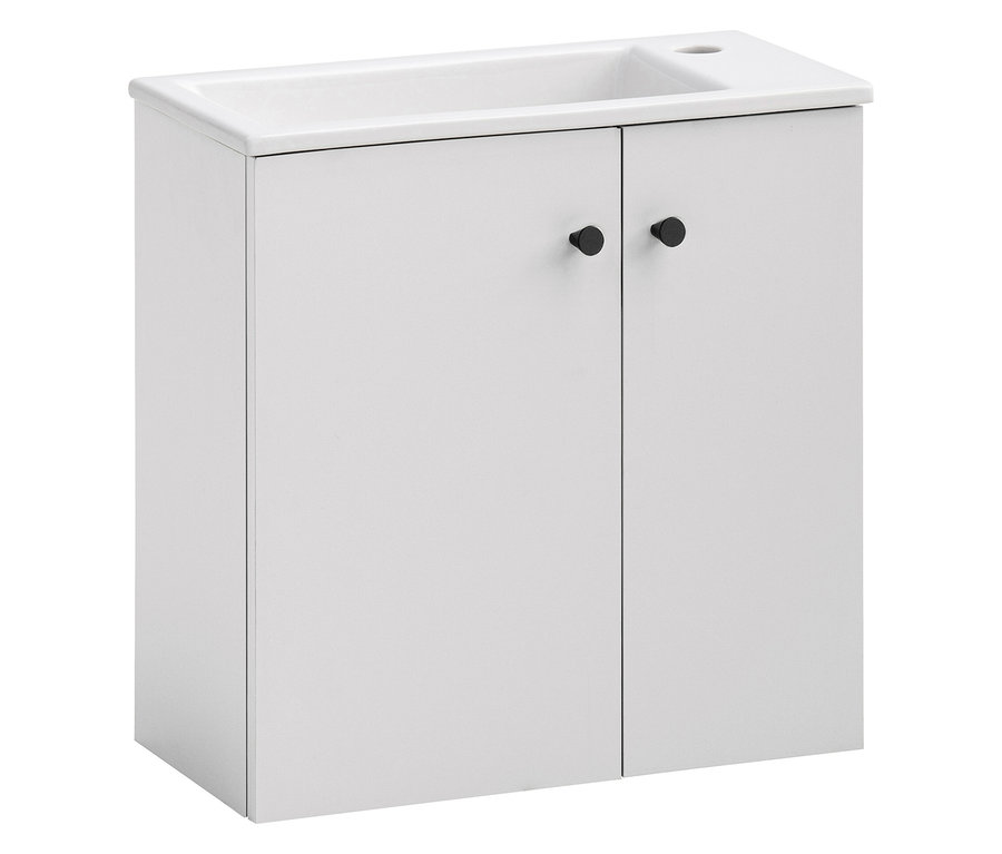 Weißer WS Waschtisch »Ebba« mit matten Oberflächen und zwei schwarzen runden Griffen.