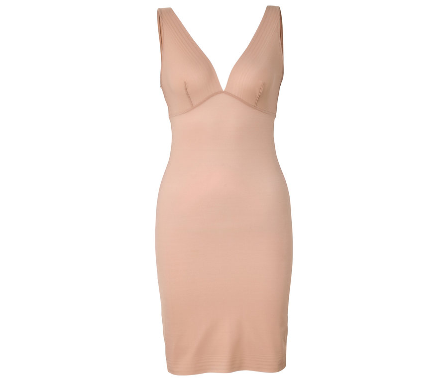 Beige farbenes Shapewear Kleid mit V-Ausschnitt.