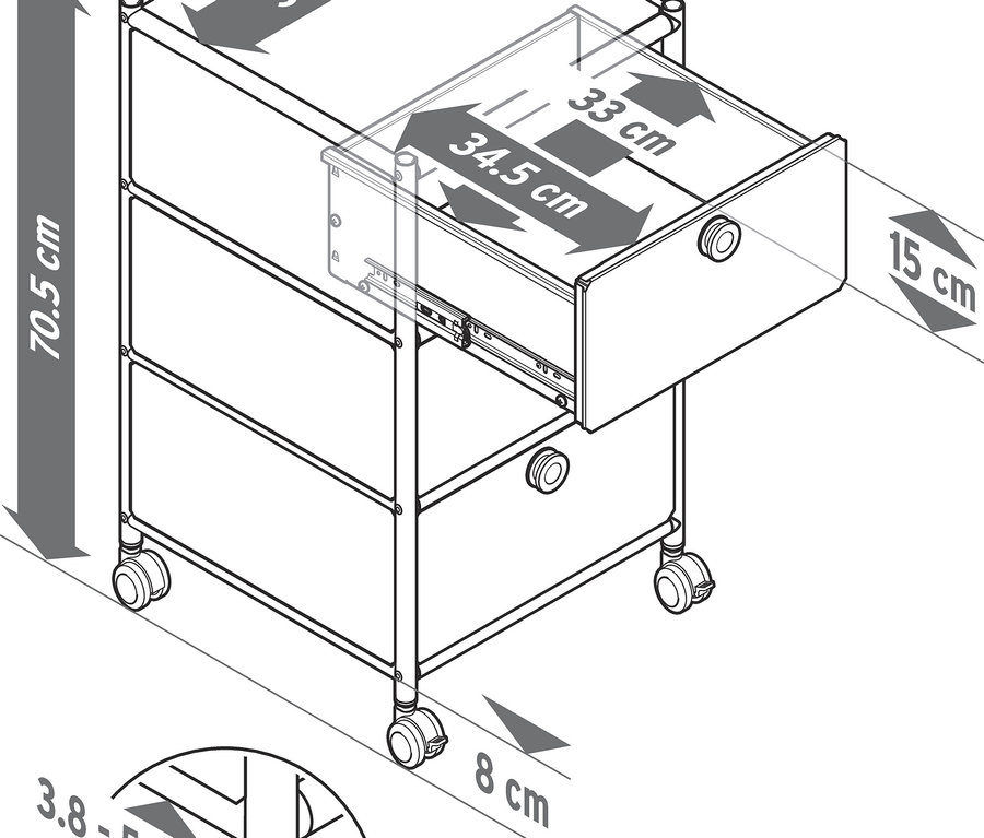 Eine Skizze von einem Rollcontainer »CN3« mit 3 Schubladen, eine davon ist geöffnet. Die Maße sind in Zentimetern angegeben.
