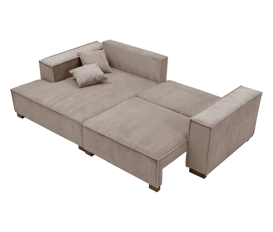 Beiges modulares Cordsofa mit zwei Kissen.