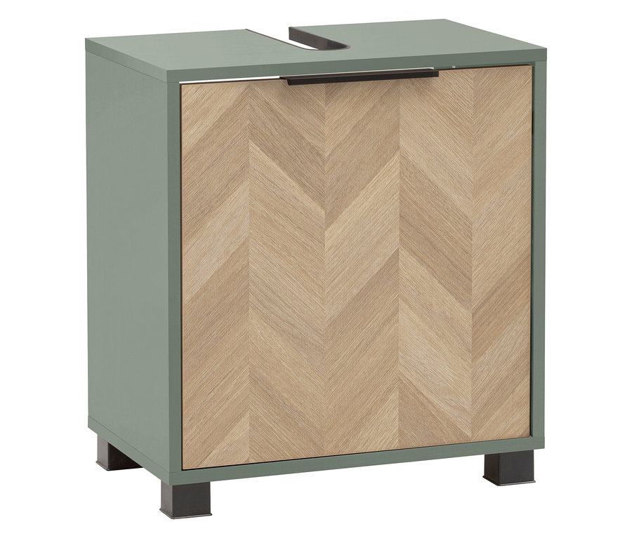 Ein grüner Badezimmerschrank mit einer Holztür und einem Zickzackmuster steht auf vier schwarzen Füßen.
