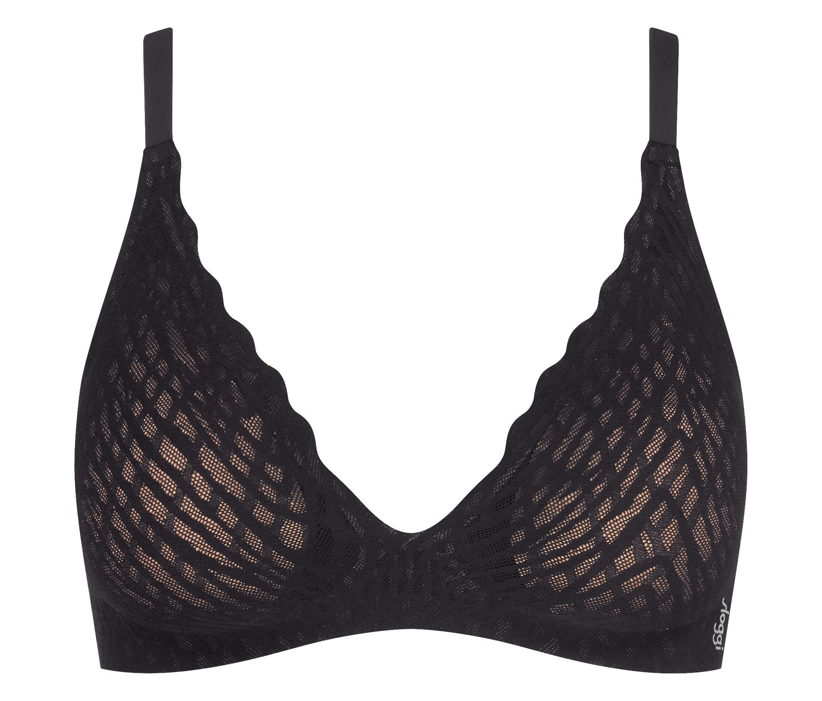 Schwarzer BH mit Neckholder-Trägern und durchsichtigem Netzstoff.