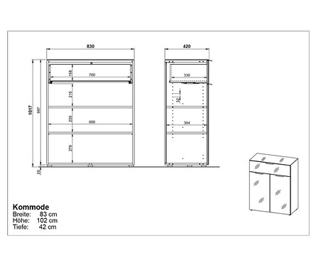 Technische Zeichnung einer Kommode mit Maßen.