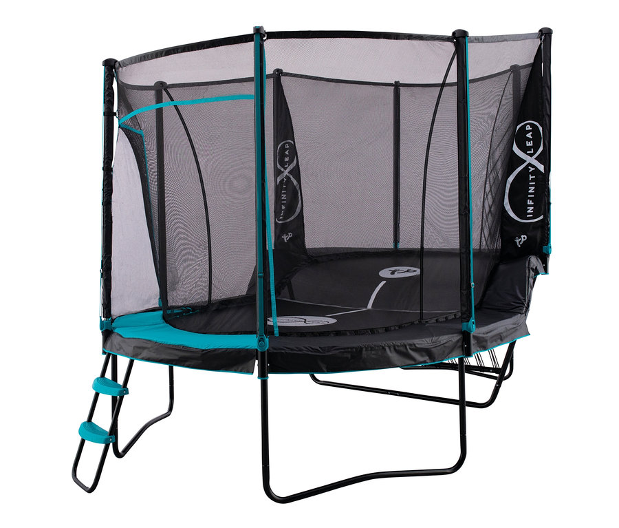 Das TP Toys Trampolin »Infinity«, ca. 447 x 320 x 292 cm, in Schwarz und Türkis mit Sicherheitsnetz und Leiter.
