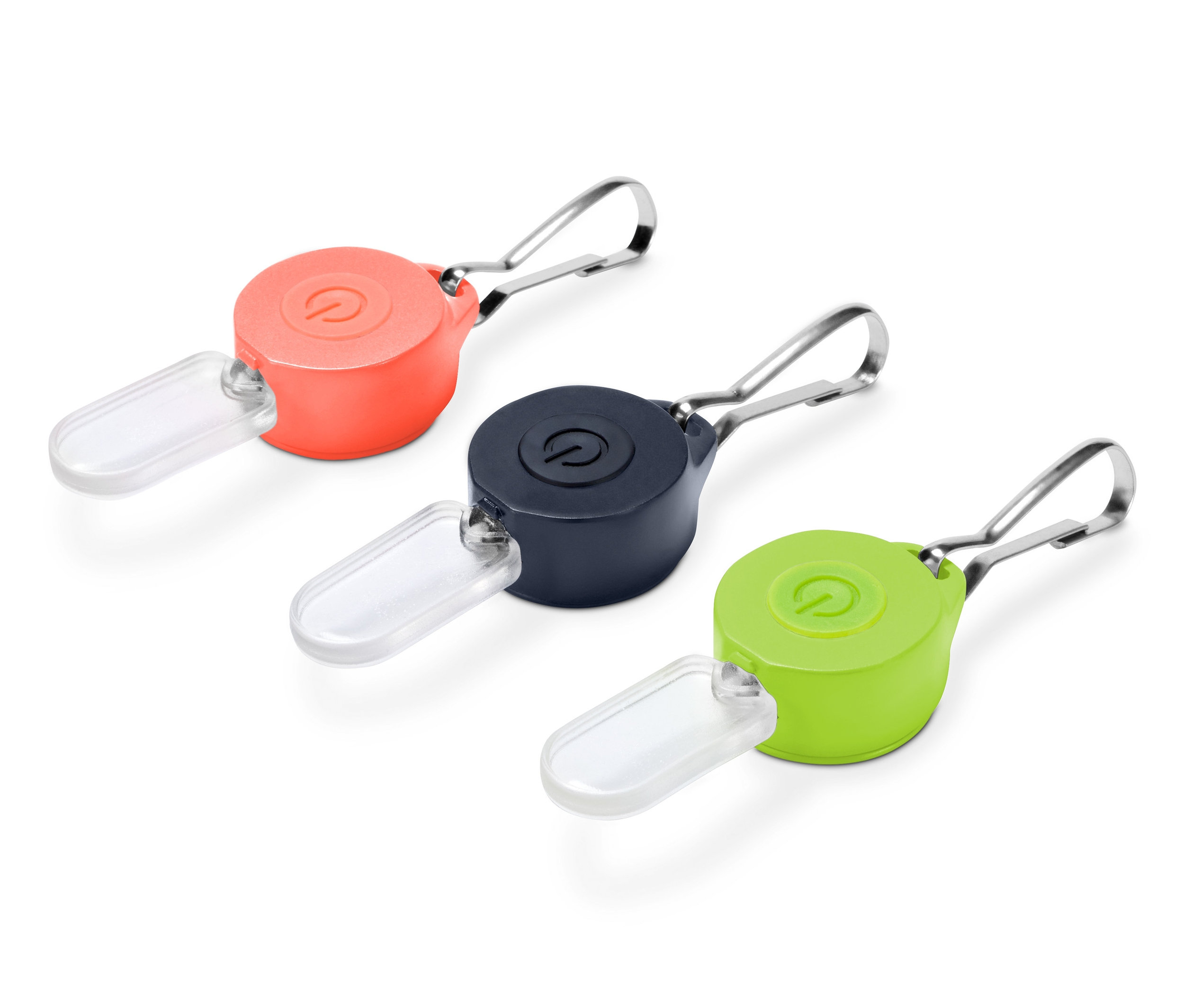 Drei LED-Anhänger in Orange, Dunkelblau und Grün.