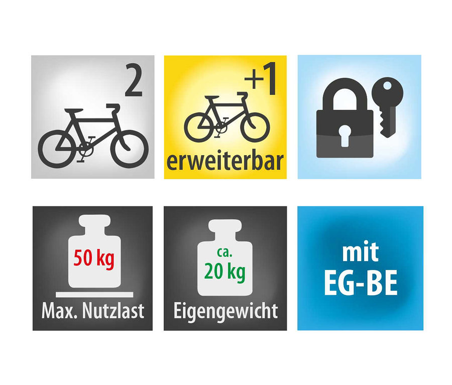 Symbole zeigen Fahrradträger »CROW Plus« für zwei Fahrräder, erweiterbar um ein Fahrrad, mit Schloss und Schlüssel, mit einer maximalen Nutzlast von 50 kg und einem Eigengewicht von 20 kg.