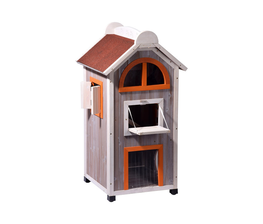 Detailaufnahme eines Katzenhauses »Fancy Cat« aus Holz mit orangefarbenen Fensterrahmen und braunem Dach.