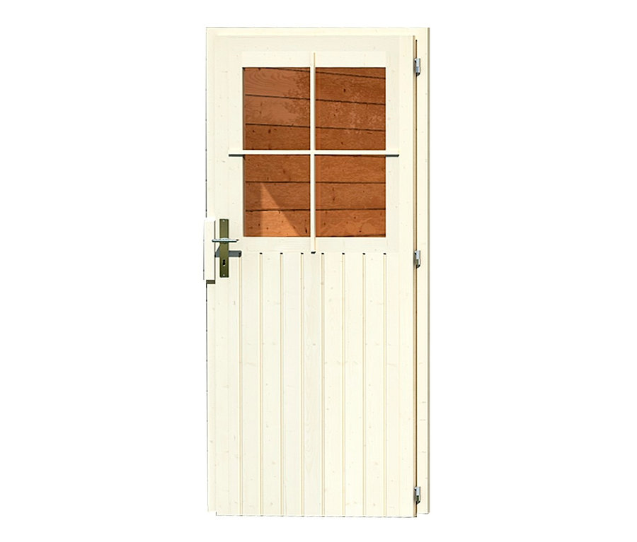 Tür des Karibu Gartenhauses mit 3,20 m Anbaudach, 28 mm (Neeltje) mit Fenster und Türklinke.