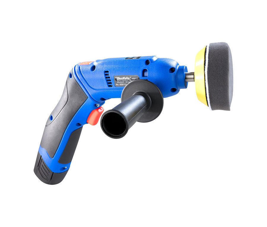 Blaue Westfalia Akku-Poliermaschine mit schwarzem Griff und Polierscheibe.