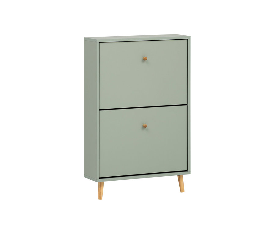 Pistazienfarbener Schuhschrank »Bjarne« mit 2 Klappen und Holzfüßen.