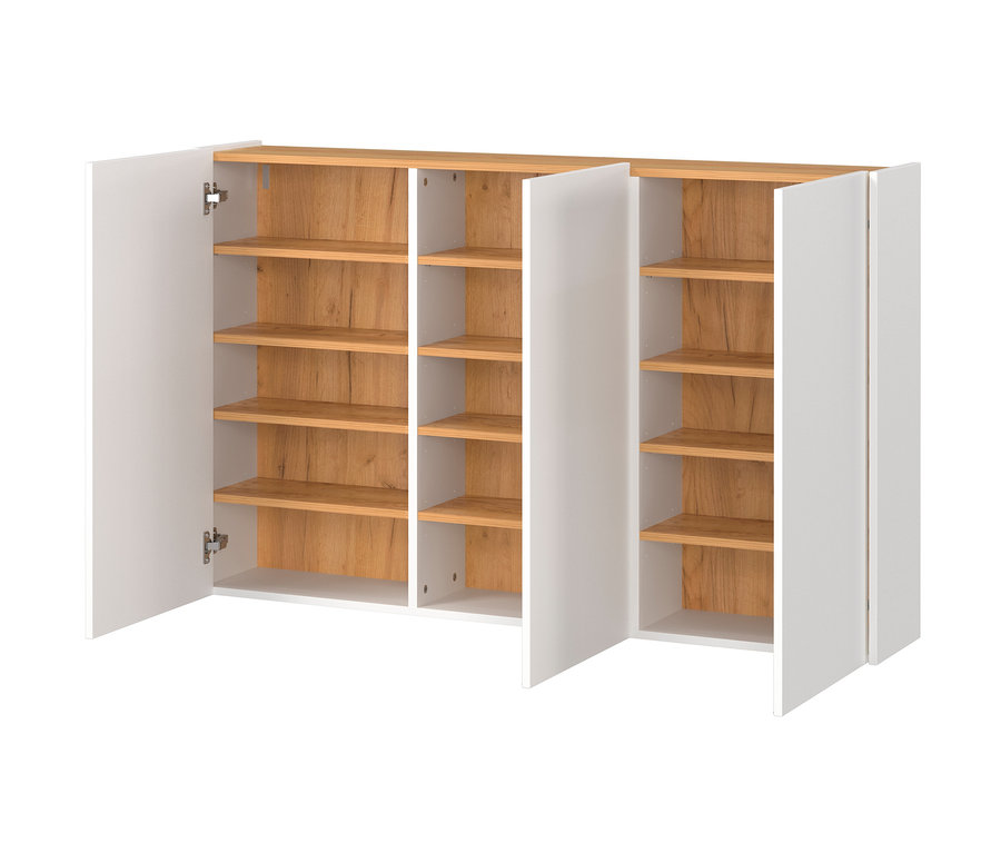 Geöffneter, weißer Mehrzweckschrank »Libbiano« mit Holzregalen.