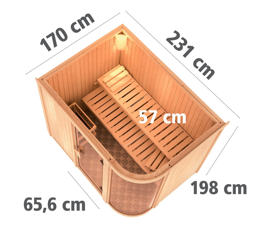 Draufsicht der Karibu Sauna »Rose« mit Bemaßung.
