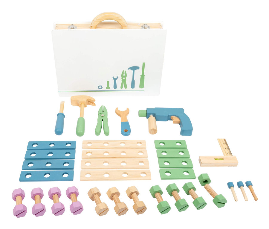 Offener Werkzeugkoffer »Nordic« von small foot mit Spielzeugwerkzeugen wie Hammer, Schraubendreher, Schraubenschlüssel, Bohrmaschine, Schrauben und Muttern.