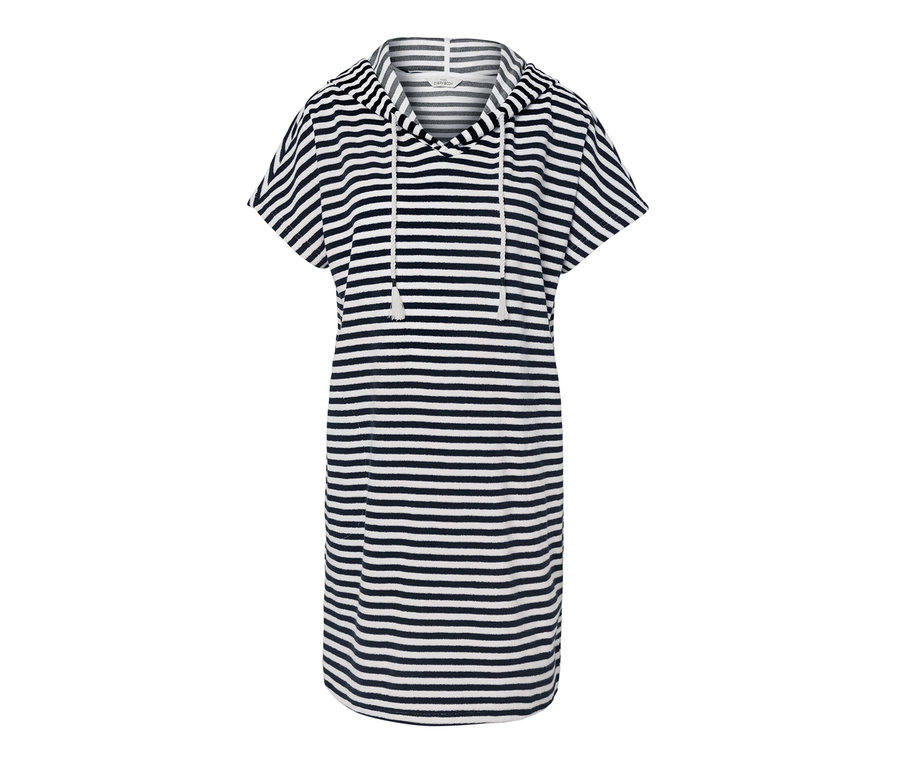 Gestreiftes Frottee-Strandkleid mit Kapuze und kurzen Ärmeln.