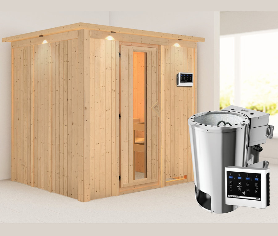 Innenraum mit Karibu Energiesparsauna »Seco«, BIO und silbernem Saunaofen mit Bedienfeld.