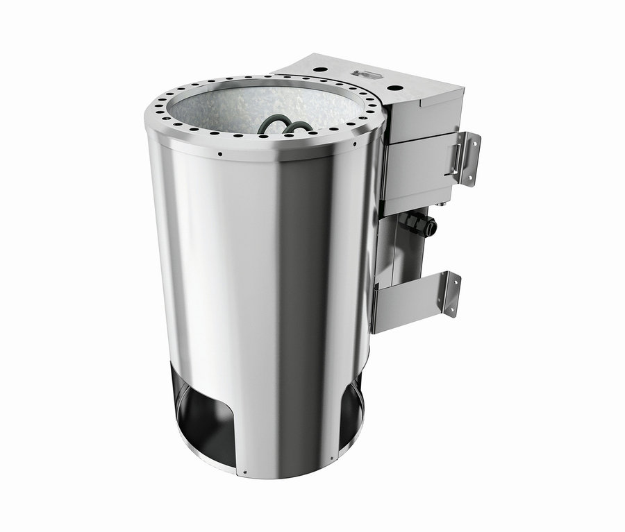 Eine silberne Karibu Energiesparsauna »Teco«, BIO und eine Karibu Energiesparsauna »Seco«, BIO auf weißem Hintergrund.