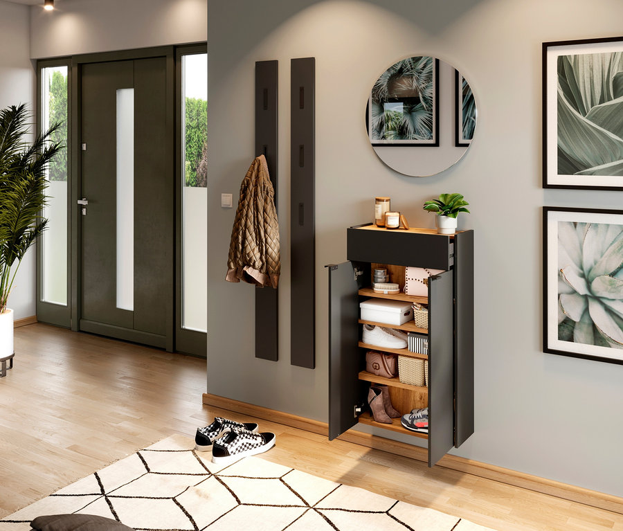 Eingangsbereich mit graphitfarbenem Mehrzweckschrank Ameca, Schuhen, Spiegel und Pflanzen.