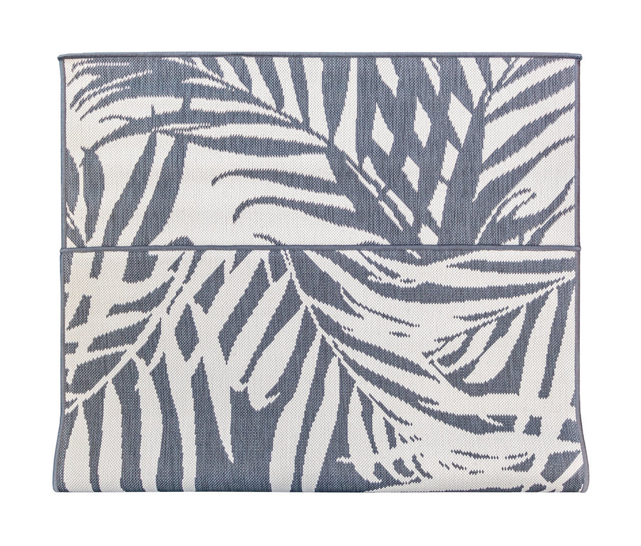 Detailansicht eines grauen Outdoor-Wendeppichs mit Palmenmuster.