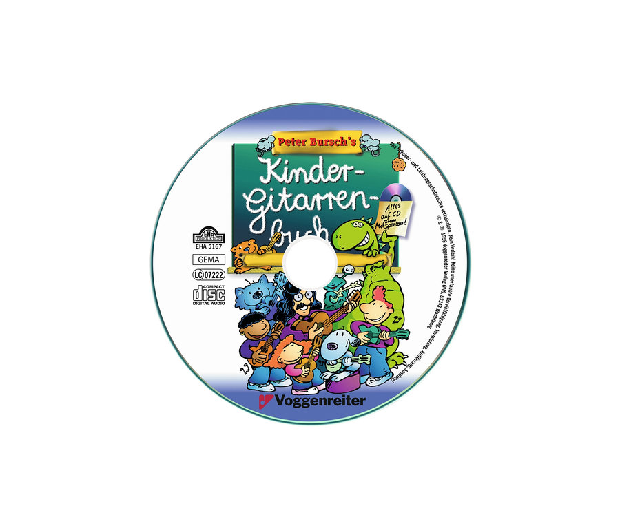 CD-Cover mit Zeichentrickfiguren, die Gitarre spielen, und dem Schriftzug Peter Burschs Kindergitarrenbuch.